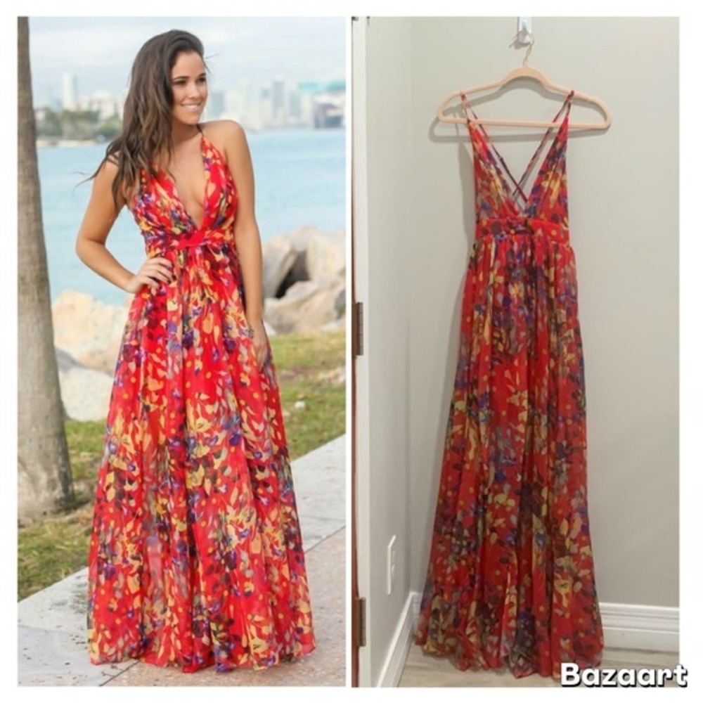 Luxxel Red Floral Chiffon Maxi Dress V-Neck Crisscross Back LD4230 Size S